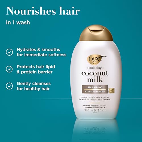 OGX Nourishing + Coconut Milk Moisturizing Shampoo, Hydrating & Restoring Shampoo Moisturizes for Soft Hair After the First Use, Paraben-Free, Sulfate-Free Surfactants, 13 fl. oz - Image 3