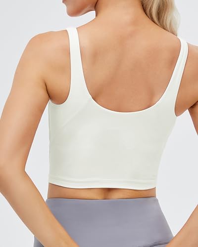 Image of Oalka Sports Bra Womens Longline Padded Crop Yoga Tank Tops | Built in Bras, Workout, Athletic, Fitness, Super Soft, Comfort, Cropped Top, Removable Pads, Heart Neckline For Women