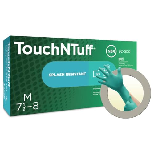 Ansell TouchnTuff 92-500 Einweghandschuhe aus gepudertem Nitril, lebensmittelzertifiziert, hohe chemische Beständigkeit, mechanischer Schutz, professionelle Schutzhandschuhe, Grün, L (100 Handschuhe)