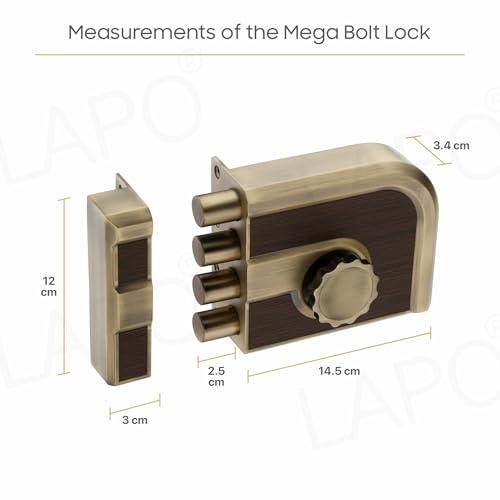 Image of LAPO Mega Bolt Heavy Duty Door Lock, Four Bullet Deadbolt for Main Wooden Door, One Side Key, Fits Left & Right Hand Doors, High Strength, Premium Security,3 Years Warranty(,Antique Finish)