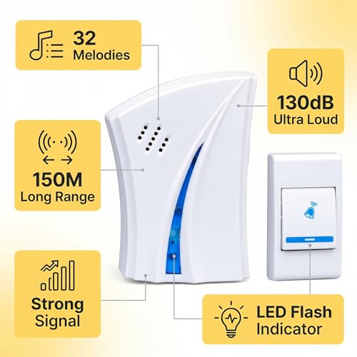 Image of Wireless Doorbell - Long Range Over 100 Ft, 32 Rings Bell, Battery Powered Door Bell Chime with LED Flash Wireless Calling Bell for Home, Office, Shop (3)