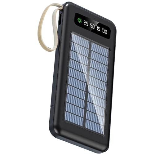 BOSREROY Banco de energía solar portátil de 10000 mAh, cargador USB multidispositivo con pantalla LED, cables integrados y linterna de emergencia
