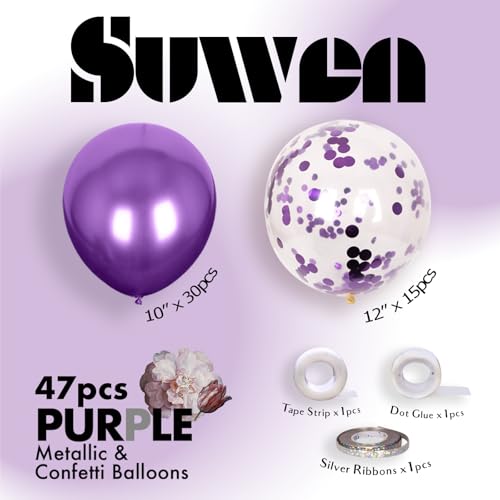 Image of SUWEN Purple Metallic and Confetti Balloons Set 47PCS Dark Purple Latex | Helium Chrome Balloon for Birthday Graduation Anniversary Party Decorations
