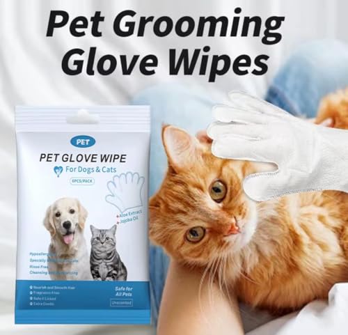 Image of Pet Cleaning Glove Wipes for Dogs & Cats | Soft Non-Woven Gloves for Paws, Ears, Eyes & Body | Gentle Grooming Wipes for Puppies, Kittens & Sensitive Skin | Pack of 6 | Safe & Hypoallergenic
