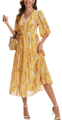 Kormei Women's V Neck 3/4 Sleeve Boho Long Flowy Dress Wedding Guest Engagement Party Casual Chiffon Dresses2