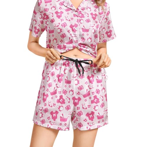 Image of Funny Pajamas for Women Set Print Satin Loungewear Pjs Short Sleeve Button Down Top and Shorts Sets Sleepwear XS-3XL