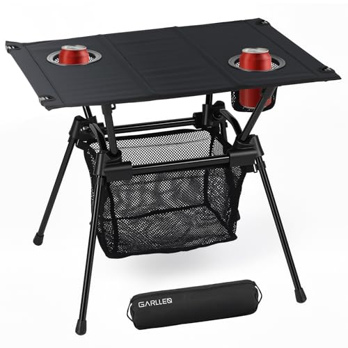 GARLLEN Table de Camping Pliante 59 x 43 x 51 cm, avec Filet de Rangement pour Verres et Sac de Rangement, Table en Aluminium Amovible, légère et Portable,...