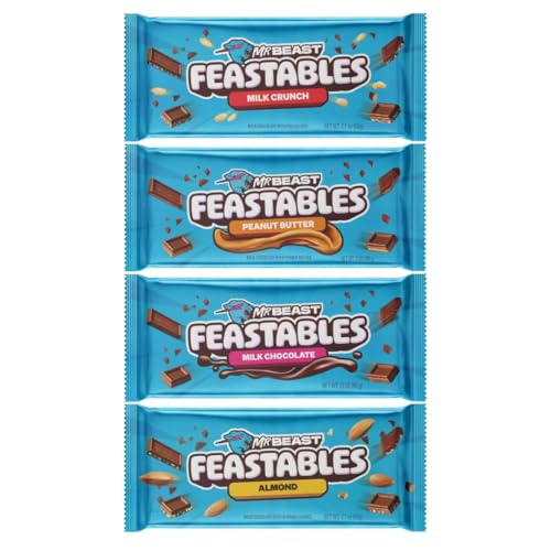 Feastables Beast Bar Milchschokoladen-Probepackung – Milchschokolade, Erdnussbutter, Milk Crunch und Mandelbeast Riegel [4er-Pack] 60 g Riegel