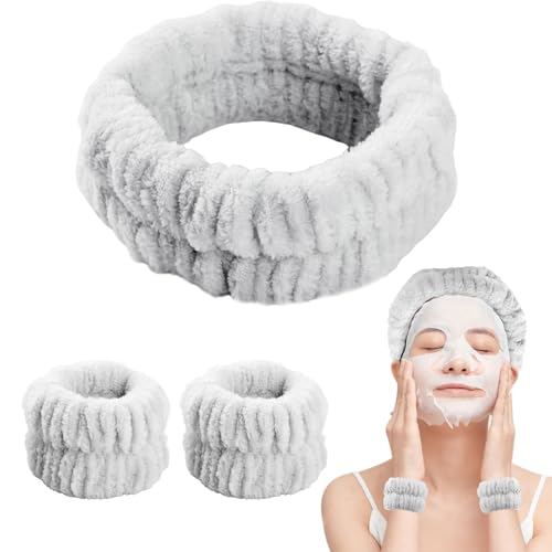 Bighan Spa Stirnband Damen mit Wasch Armbänder Haarband, Waschband Frauen Gesicht, Frottiertuch Makeup Haarbänder Elastic, Elastisches Stirnband für Dusche Hautpflege Sport - Grau