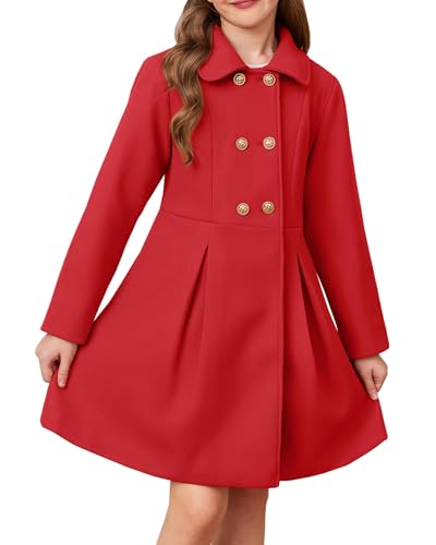 Image of GRACE KARIN Girls Dress Coat Wool Peacoat with Lapel Pockets Winter Warm Long Jacket for Kids Red Size 8