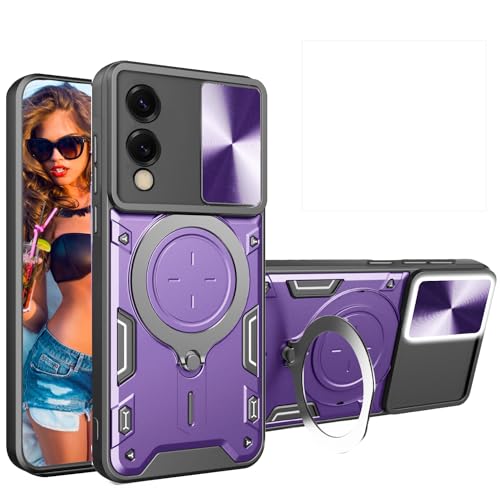 Ephoou for Samsung Galaxy S25 Edge 6.66' Armor Case with Magnetic Ring Kickstand, Rugged Military Grade Shockproof Case with Slide Camera Lens Cover for Galaxy S25 Edge JS-Purple