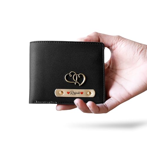 Image of Innovative Gifts Men's Personalized Wallet I Stylish Vegan Leather Slim Purse with Name & Charm I Customized Unique Gift for Birthday Anniversary Men Boy Love Husband Employees Clients (Black)