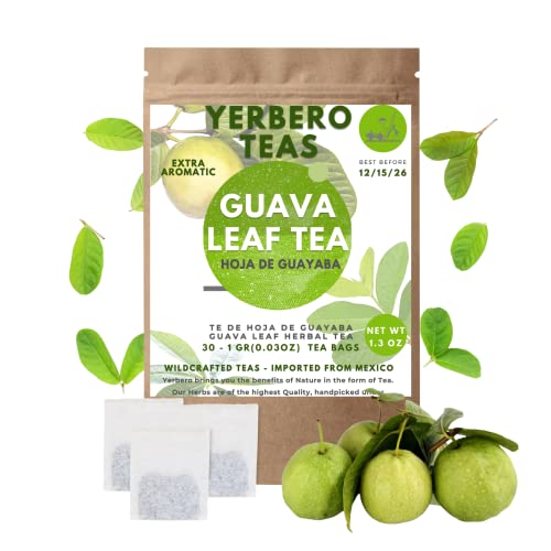 Yerbero - Guava Leaf Tea (Psidium guajava) 30 Tea Bags 1gr (0.03oz) - Net WT 30gr (1.3oz) | Hoja De Guayaba | Herbal Tea, Stand Up Resealable Bag | Crafted By Nature100% All Natural, non-GMO, Gluten-free.