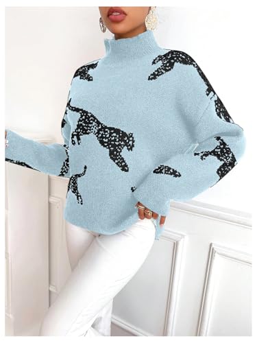 Image of WDIRARA Women's Leopard Tiger Print Sweater High Neck Long Sleeve Fuzzy Knitted Pullover Top