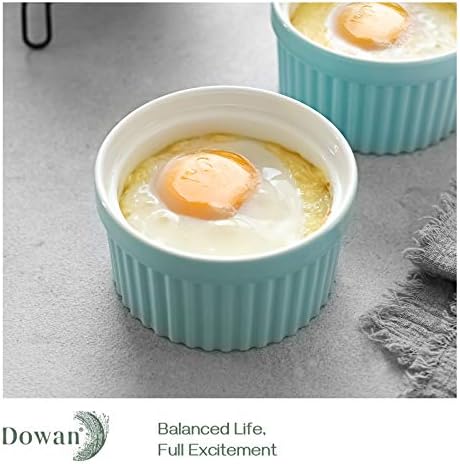 DOWAN 4 Oz Porcelain Ramekins - Souffle Dish Ramekins for Creme Brulee Pudding Oven Safe, Classic Style Ramekins Bowls for Baking, Set of 6, Blue