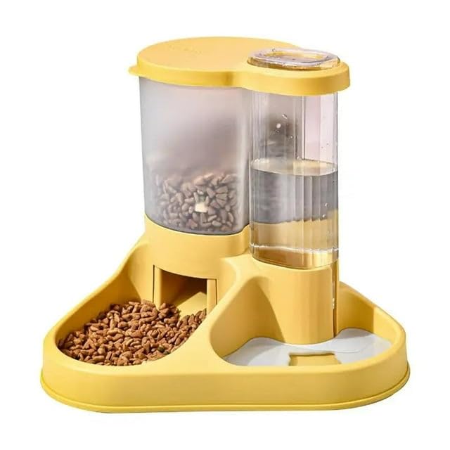 Image of Dog Bowl, 2 in 1 Automatic Cat Food and Water Bowl Set with Water Dispenser and Stainless Steel Bowl for Cats and Small Dogs Automatic Water Feeder Water Drinker (Yellow)