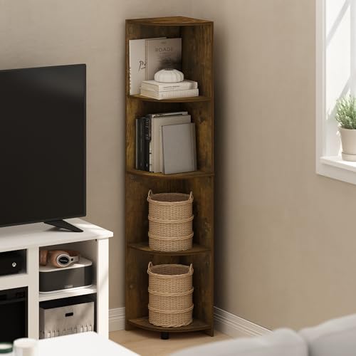 Image of Furinno ECON Corner Shelf, 4-Tier Corner Book Shelf, Storage Shelves, Display Rack, Bookshelf, for Organization and Storage, Living Room, Home Office, Amber Pine