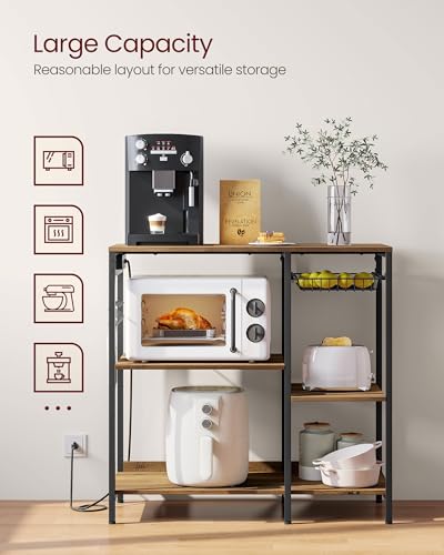 Image of VASAGLE Baker's Rack, Coffee Bar Stand with Charging Station, Storage Shelves, Pull-Out Wire Basket, Table for Microwave, Kitchen, Rustic Walnut UKKS036K41, 15.7 x 35.4 x 35.6 Inches