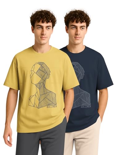 Image of BULLMER Trendy Half Sleeve Oversized Cotton Blend Crew Neck Tshirt for Men - Pack of 2