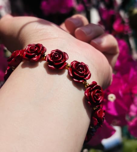 Vintage Rose Flower Bracelet Stretch Red Bracelets for Women Protection Lucky Love Classy Unique Adjustable Floral Bangle Jewelry Accessories Gift for Lady Girlfriend Wife Mom2