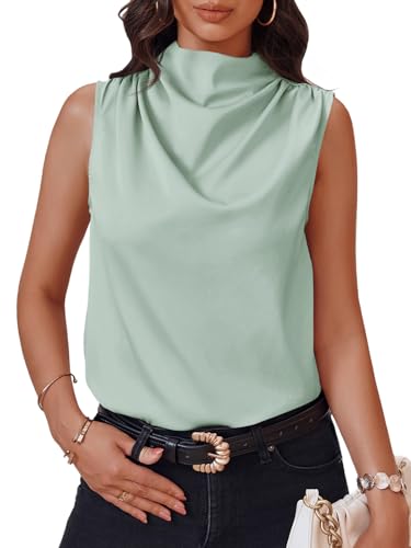 Cicy Bell Womens Mock Neck Satin Tank Tops Business Casual Work Ruched Blouses Summer Corporate Outfits