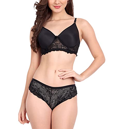 Image of FIMS - Fashion is my style Women Cotton Floral Lace Padded, Non-Wired, Full Coverage, Seamless Bra Panty Set, Multicolor, Lingerie Set