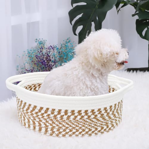 Image of ABenkle Small Basket with Handles, Boho Decorative Rope Woven Dog Cat Toy Storage Bin Shelf Storage Organizer, Easter Christmas Gift Basket, 12 inchx8 inchx5 inch