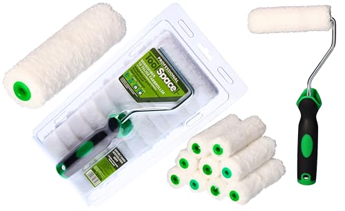 ToolSpace 10 x Rouleau de Peinture Lot - 11 cm Mini Rouleaux Microfibre - Manchon avec Poil Long - Patte Lapin avec Manche pour Peindre Rénovation Lasure Application - Intérieur Décoration Murale