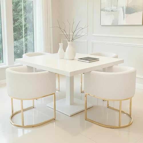 Image of HNY Mid Century Modern Upholstered Barrel Dining Chairs with Arms Set of 3, Velvet Kitchen & Dining Room Chairs, 18.5 inch Wide Accent Chairs for Dining Room Living Room with Gold Metal Frame, Cream