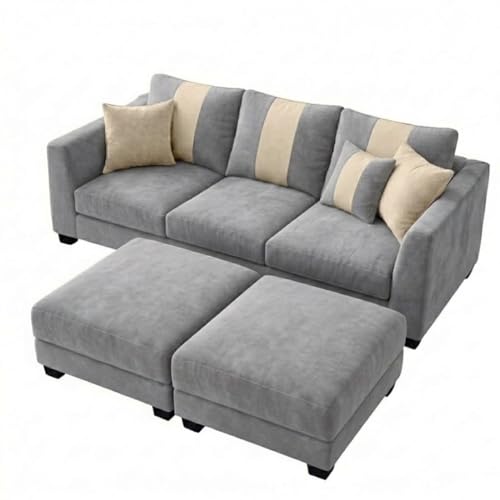 Image of Revo 5 Seater L Shape Sofa Set with 2 Movable Ottomans | Flexible Layout | Luxury Velvet Suede Fabric | Modern Living Room Sofa | Light Grey