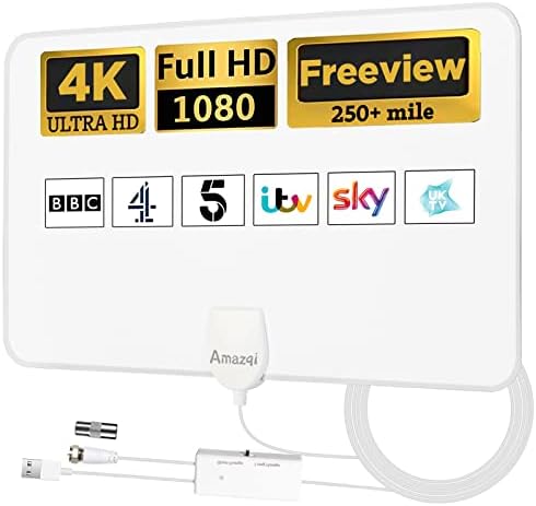 Indoor TV aerial - HD Digital TV aerial with 4K Signal Amplifier 250+ Miles Long Range -Support 1080p Freeview HDTV - Work with All Types TV