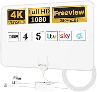 Indoor TV aerial - HD Digital TV aerial with 4K Signal Amplifier 250+ Miles Long Range -Support 1080p Freeview HDTV - Work with All Types TV
