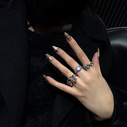 Kurtcb Carnelian Rings Set Y2K Moonstone Ring Irregular Agate Opal Irregular Opening Adjustable Stackable Rings For Women Downtown Girls (Silver) #TOP5