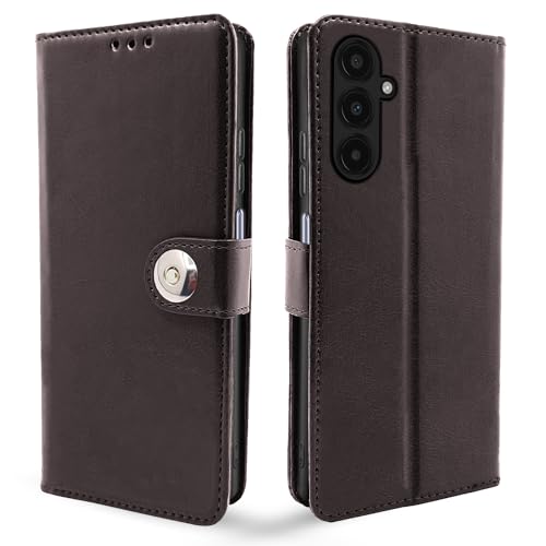 Image of Pikkme Samsung Galaxy A25 5G Flip Cover Leather Finish | Inside TPU with Card Pockets | Wallet Stand and Shock Proof | Magnetic Closing | Complete Protection Button Flip Case (Coffee)