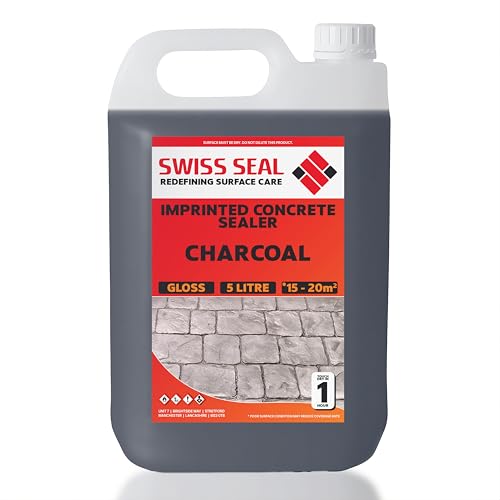 Swiss Seal | CHARCOAL/BLACK Coloured Imprinted Concrete Sealer GLOSS FINISH + ANTI-SLIP | Colour Tinted Driveway & Patio Seal - Wet Look | Colour Tint Sealant For Outdoor Concrete Floor (5 Litre)