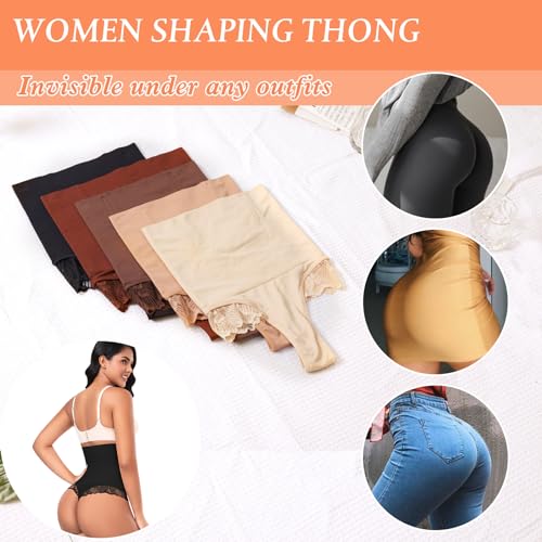 Image of Werena Tummy Control Thong Shapewear for Women High Waisted Body Shaper Panties Shaping Thong Girdle Underwear(02# Lace Black,Medium)