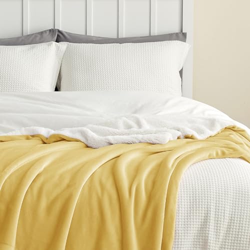 Image of Bedsure GentleSoft Sherpa Fleece Blanket Queen Size for Bed, Non-Heated, Thick and Warm Throw for Women and Men, Soft Fuzzy Plush Queen Blanket for Winter, Yellow, 90x90 Inches