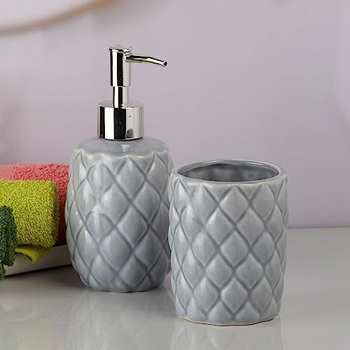 Image of Kookee Ceramic Bathroom Accessories Set - 2 Piece Bath Kit with Ceramic Soap Dispenser & Toothbrush Holder | Modern Bathroom Decor for Home & Guest Bathrooms, Grey (9604)