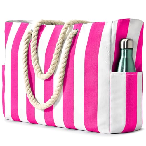 Image of Becokan Women's Pool Swim Bag - Waterproof Sandproof Large Stripe Beach Tote with Zipper