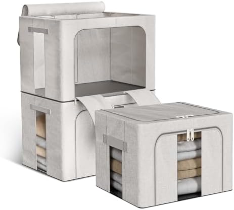 3 Pieces 24L Clothes Storage Boxes With Metal Frame, Stackable Cl...