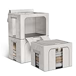 Boic 3 Pack Clothes Storage Boxes, 24L Clothes Organiser With Metal Frame, Foldable Clothes Storage Bag, Storage Boxes With Lids Bedding Storage For Blankets, Bedding, Comforters (Grey)