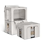 Boic 3 Pack Clothes Storage Boxes, 24L Clothes Organiser With Metal Frame, Foldable Clothes Storage Bag, Storage Boxes With Lids Bedding Storage For Blankets, Bedding, Comforters (Grey)