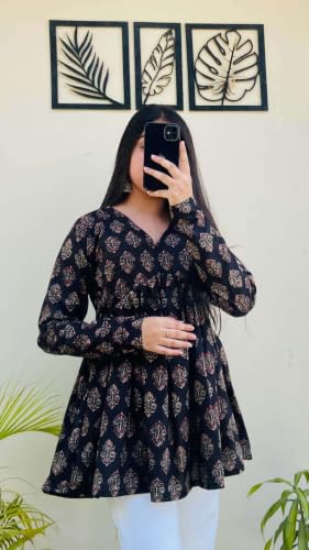 Image of Women's V Neck Short Kurti for Women | Floral Printed Cotton Blend Kurti | Full Sleeve Flared Tunic Top | Casual Ethnic Kurta Top for Women | Stylish Kurti with Jeans