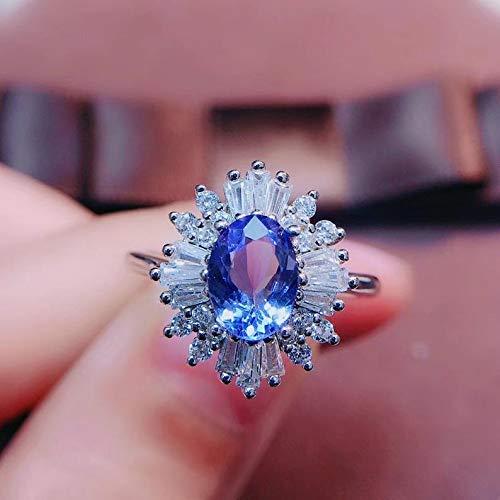 Natural Tanzanite Engagement Ring, White Gold Plated Sterling Silver Rings for Women, Handmade Engagement Wedding Art Deco Aesthetic Gift