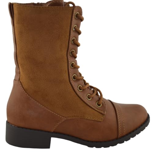 Image of Forever Link Womens Round Toe Military Lace Up Knit Ankle Cuff Low Heel Combat Boots