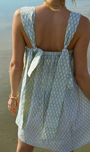 Image of Women Floral Tie Shoulder Mini Dress Cute Square Neck Loose Fit Beach Short Dress Backless Boho Vocation Sundress