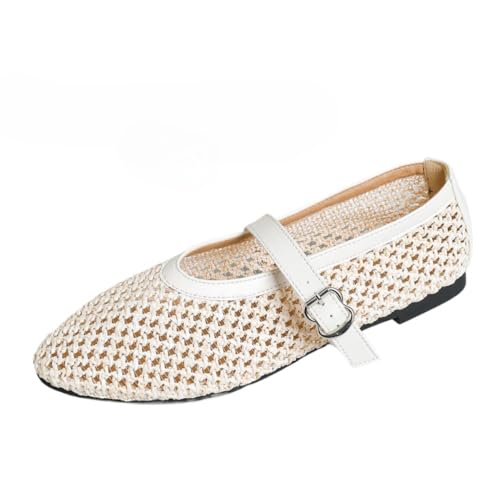Mesh Mary Jane Flats for Women Jelly Mesh Ballet Flats Clear Hollow Beach Sandals Slip on House Slippers Dressy Ballerina Shoes Buckled Strap Lightweight Breathable Soft Comfort Sole Low Heel Slides