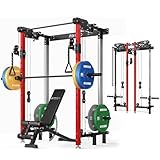 Mikolo Folding Squat Rack, Wall Mounted Power Rack with Cable Crossover Machine & LAT Pull Down, Functional Trainer with 5 Adjustable Function Modes, Upgraded Home Gym Package(Red)