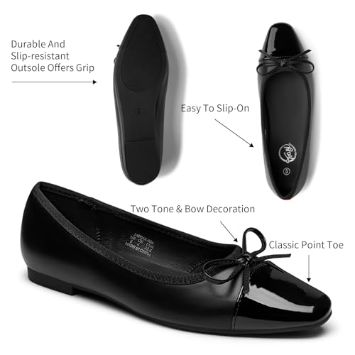 Image of Trary Slingback Flats for Women, Black Dressy Comfortable Round Square Toe Shoes, Work Office Casual Ankle Strap Dress Flats