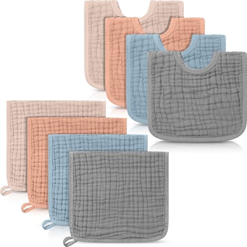 Image of Tallew 8 Pack Muslin Burp Cloths and Baby Bibs for Boy Girl 20 inch x 10 inch Cotton Baby Bandana Drool Bibs Muslin Burp Cloths Absorbent Rag for Newborn Toddler Infant Gifts(Vivid Color)